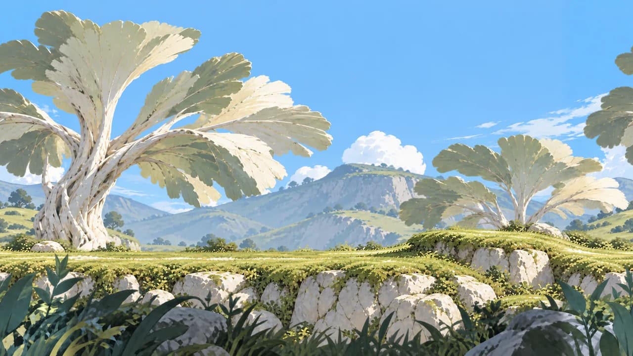A sunlit game world with pale fan trees, grassy chalk terraces, and distant hills
